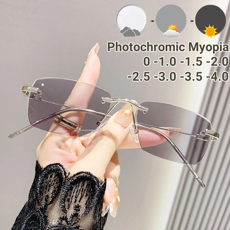 Фото Фотохромные очки для близорукости без оправы, новые трендовые женские уличные очки с защитой от синего света, меняющие цвет очки ближнего зрения