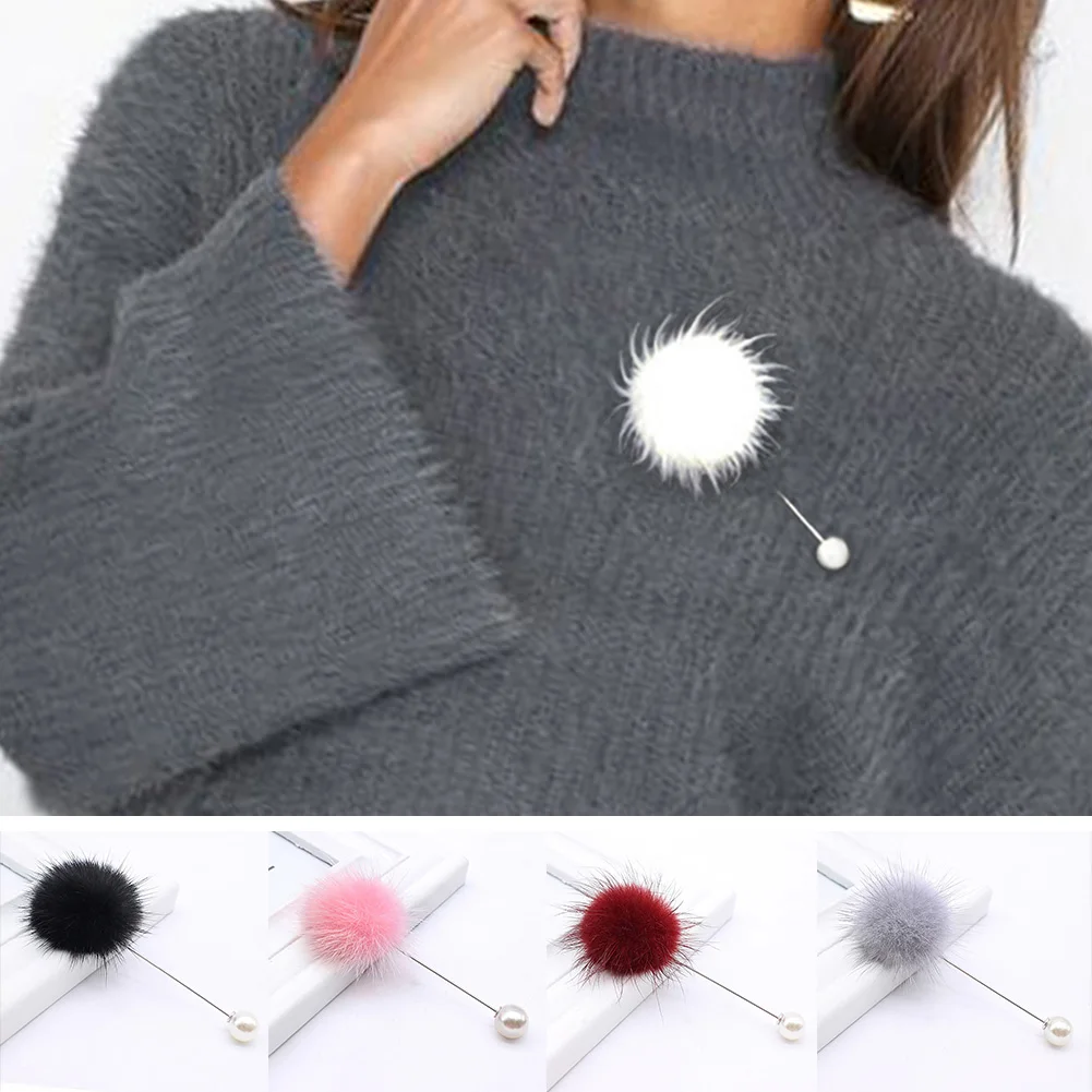 

Pearl Mink Hair Sweater Fur Ball Coat Hat Lapel Brooch Pin For Girl Woman Suit Collar Clothes Jewelry Accessories For Girls