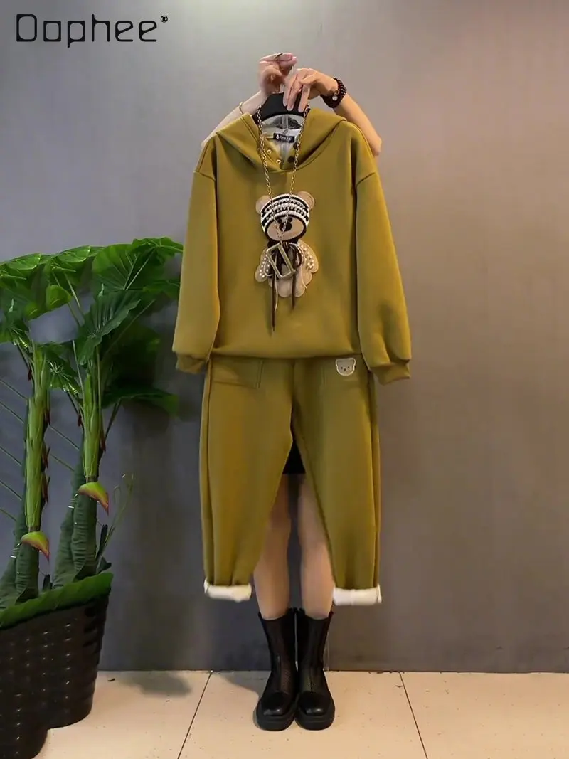

Fleece-Lined Pant Set Female Oversized Clothes Cartoon Bear Hooded Sweatshirts Korean Style Fashion Trousers Two Piece Set Women