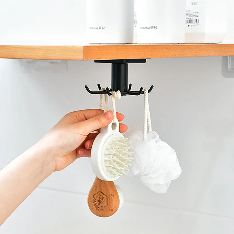 

360 Degrees Rotated Kitchen Hooks Self Adhesive 6 Hooks Home Wall Door Hook Handbag Clothes Ties Bag Hanger Hanging Rack
