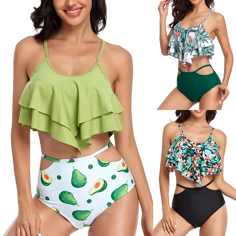 

2021 New Hot Sale Ruffled Hem Random High Waisted Bikini Sets For Women Swimsuit Two Piece Tummy Control Swimwear Bathing Suit