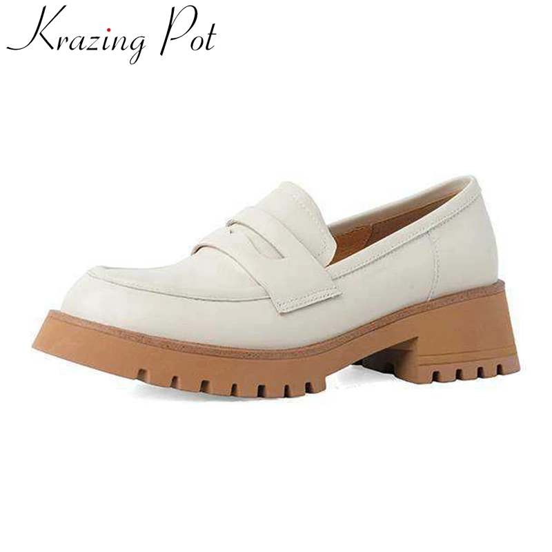 

Krazing Pot full grain leather round toe high heels loafers concise style young lady daily wear deep mouth cozy women pumps L16
