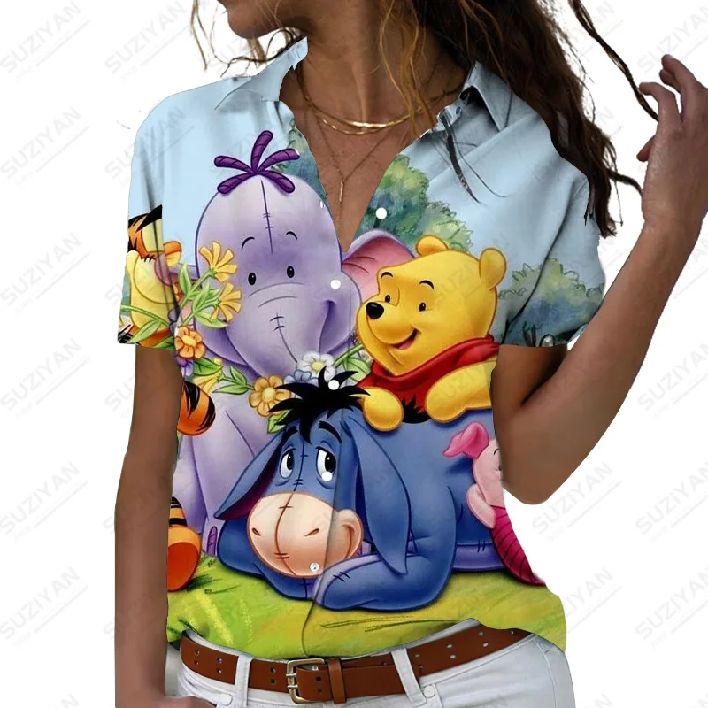 

2022 Summer new lapel female shirt Disney printed ladies top to repair the fashion printed lady's buttons shirt
