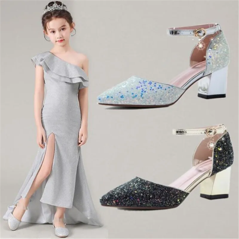 Children's High Heels Crystal Princess Shoes Girls Leather Catwalk Dress Shoes Children Show Black White Shoe