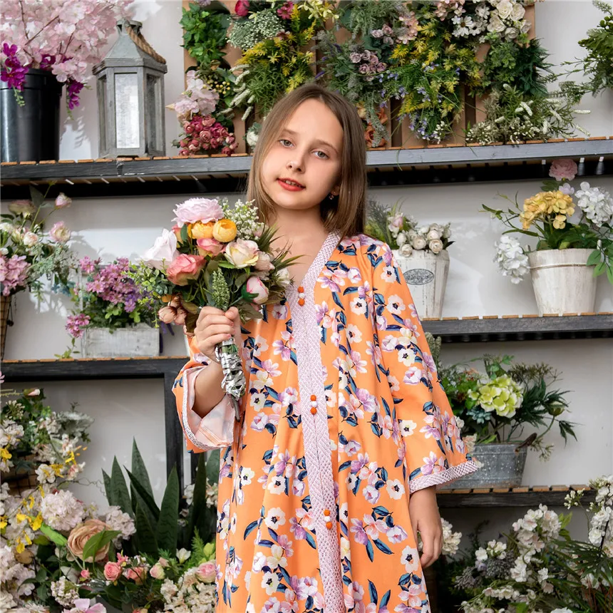 

Aligaia Summer Kids Girls Sweet Orange Parent-Child Clothes Family Matching Muslim Outfits Fall Floral Maxi Dresses Middle East