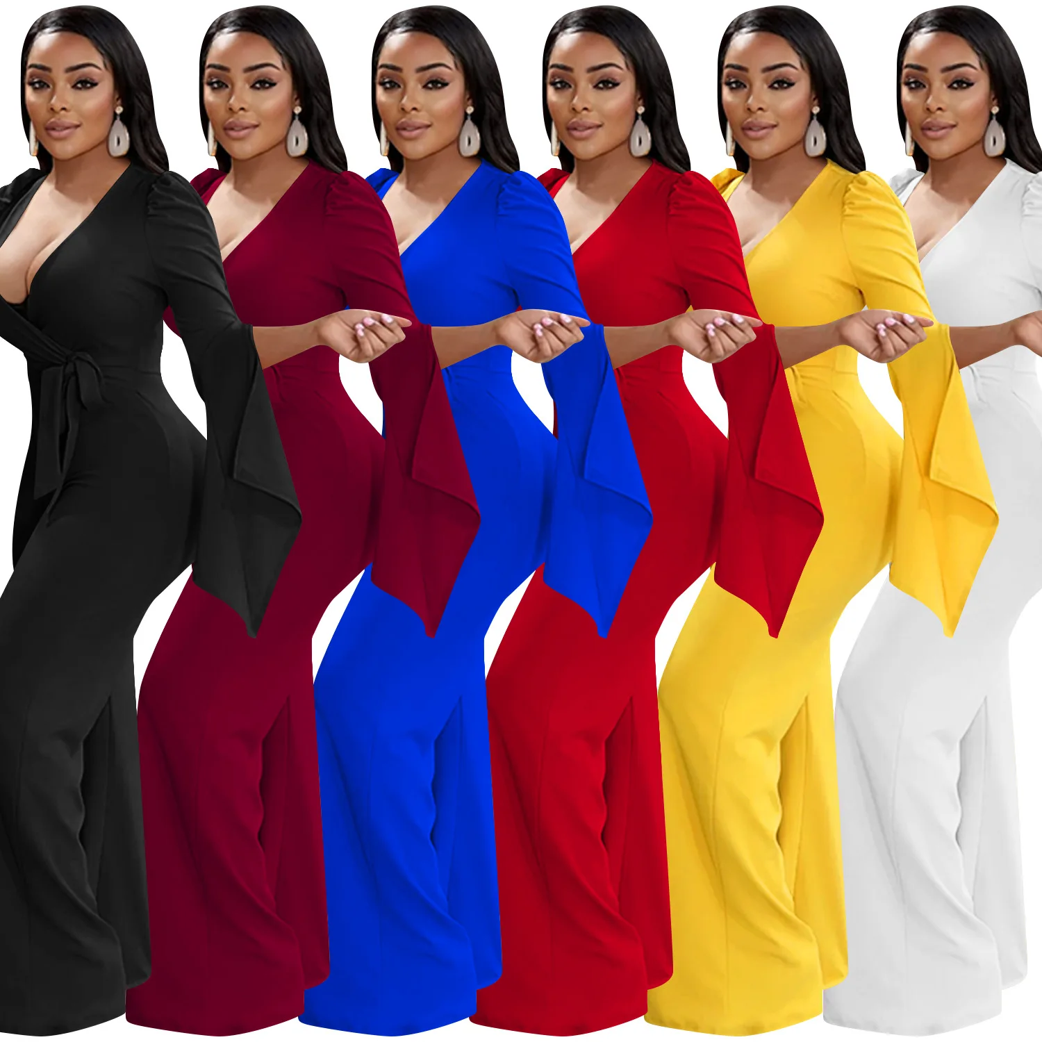 Casaul Women Jumpsuit Deep V-neck Flare Sleeve Solid Color Sportwear Playsuit Long Romper Women Jumpsuit Overalls