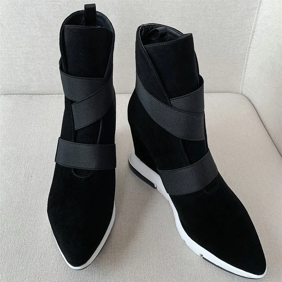 High Top Fashion Sneakers Women Genuine Leather Wedges High Heel Ankle Boots Female Pointed Toe Platform Pumps Shoe Casual Shoes