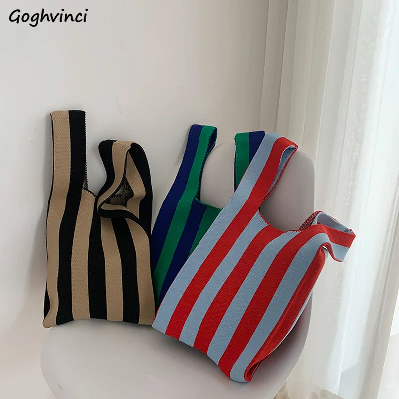 

Striped Knitting Top-handle Bags Women Ins Vintage Shopping Large Capacity Underarm Handbag Mori-girl Stylish Totes Bag Foldable