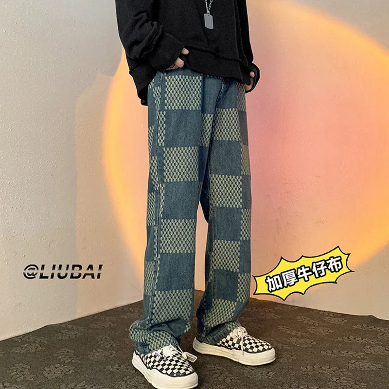 

New Men's Jeans Loose Comfortable Tapered Ankle -Length Jeans Retro Jacquard Plaid Denim Pants Male Straight-leg Casual Trousers