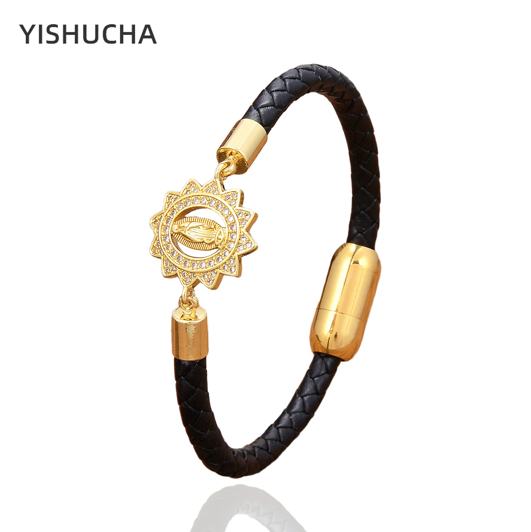 YISHUCHA 5 mm Leather Bracelets For Women Charm Vintage Virgin Mary Jesus Bracelet Stainless Steel Clasp Jewelry Wholesale Gifts
