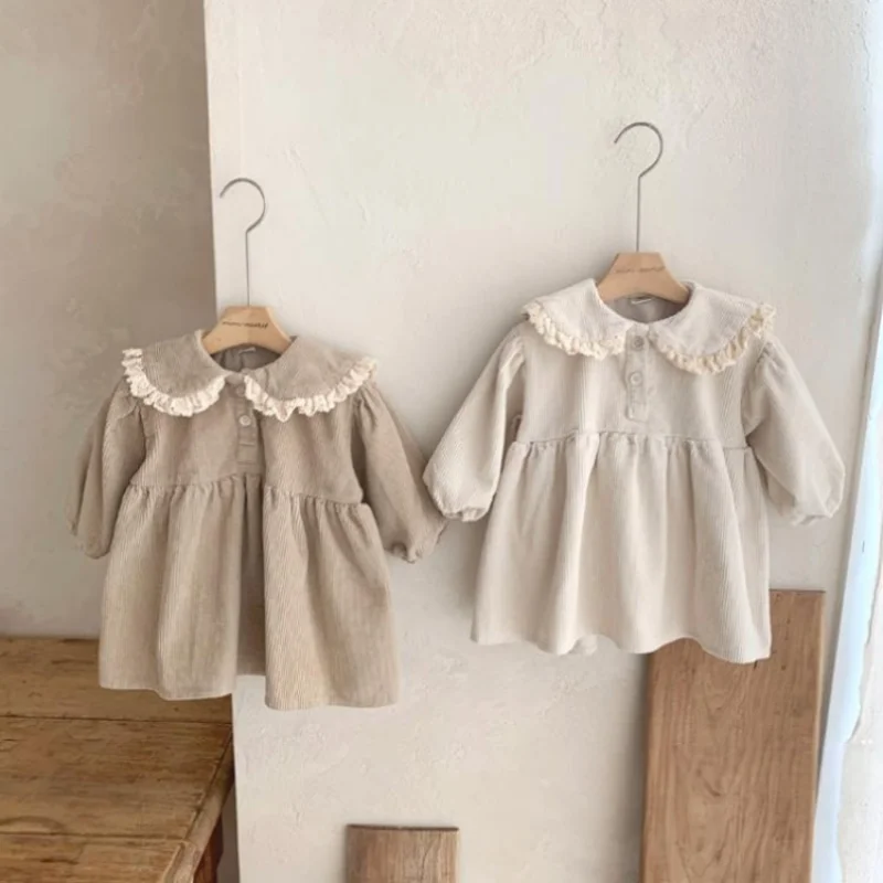 2023 Spring Baby Clothes Toddler Lace Patchwork Lapel Corduroy Dress Girls Party Dresses Kids Birthday Dresses for Girls