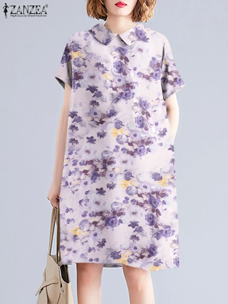 

Элегантный праздничный сарафан ZANZEA с коротким рукавом и цветочным принтом, женское повседневное свободное мини-платье с круглым воротником, короткие халаты для отдыха