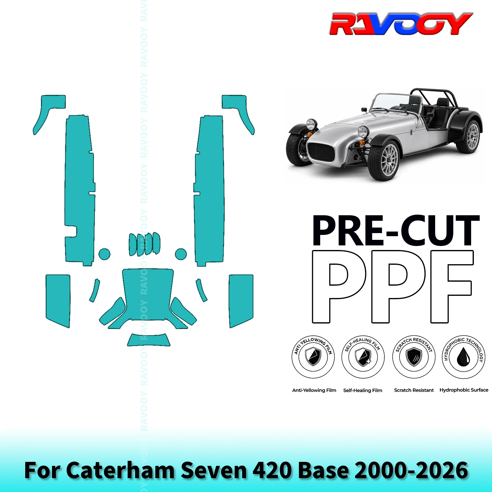 Фото Для Caterham Seven 420 Base 2000-2026: Полный комплект защитной пленки для передней части и боковых порогов, предварительно вырезанной, прозрачной. |   Прозрачный/Матовый/Чёрный №1