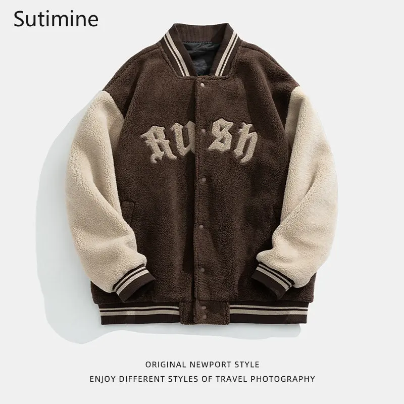 Men Clothing Casual Stand Collar Lamb Down Baseball Jacket Cotton Padded Jacket Embroidered Male Pockets  Winter Coat