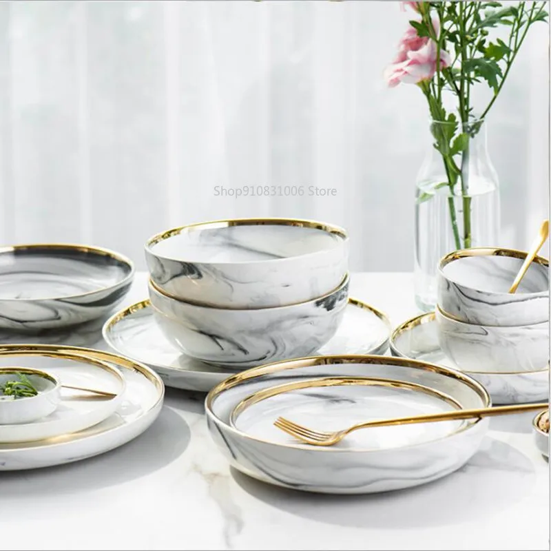 

Golden marble plate set ceramic kitchen utensils salad noodle bowl soup dinner plates and dishes