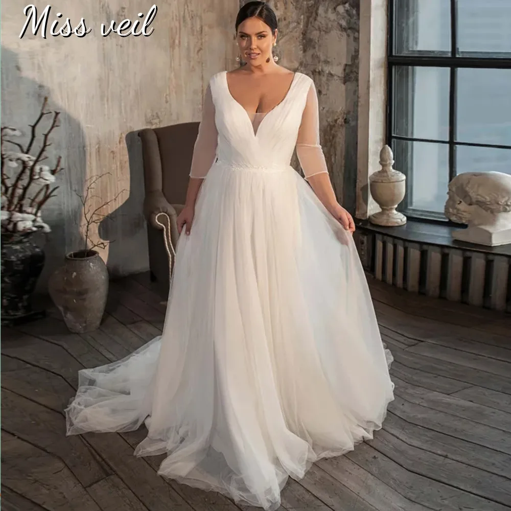 

Miss Veil Plus Size Wedding Dress For Women V-Neck Boho Tulle Bridal Gown 3/4 Sleeve Button Zipper Sweep Train Vestido De Novia