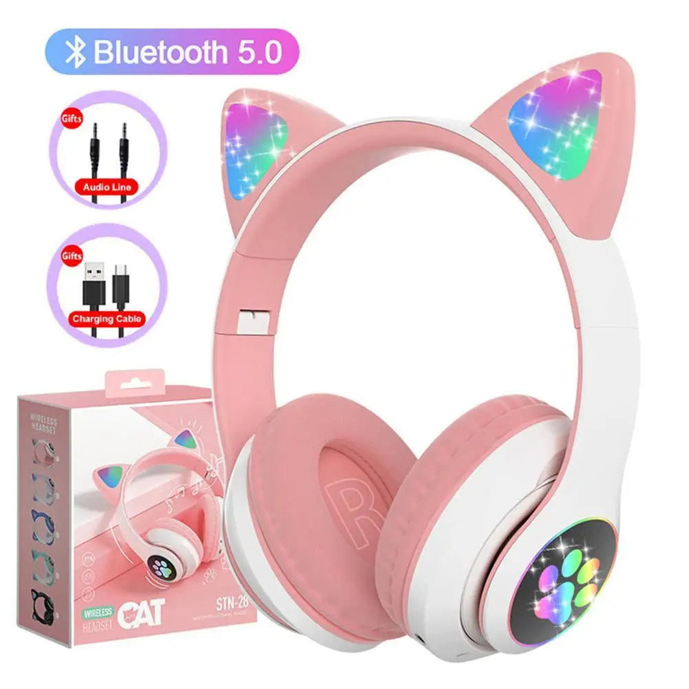 

Cute Cat Ears Wireless Headphones with Mic Stereo Music Gaming Led Rgb Bluetooth-compatible Headset for Girls Boys Birthday Gift