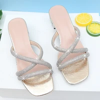 rhinestone cross strap open toe womens slippers sandals thick heel crystal sexy slides gold bling summer party shoes flip flops