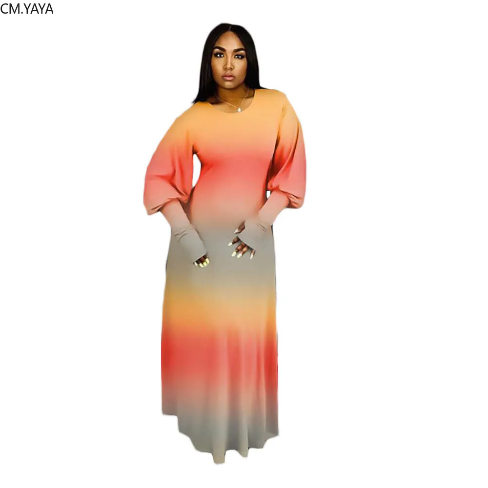 CM.YAYA Women Gradient Print Lantern Long Sleeve O-neck A-line Bodycon Maxi Dress Streewear Active Wear Dresses | Женская одежда