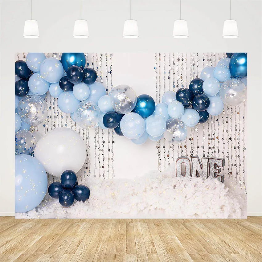 

Фон для фотосъемки Mehofond с серебряными занавесками синими воздушными шарами белыми облаками для детей для 1-го дня рождения фон для фотостуд...