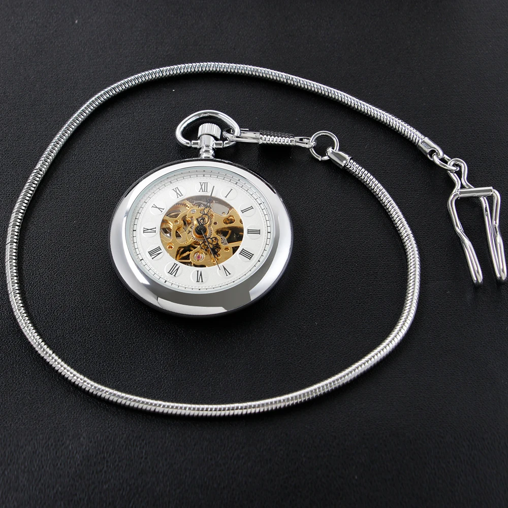 Steampunk Mechanical Manual Pocket Watch Silver Roman Digital Skull Dial Pendant Automatic Antique Clock Men's and Women's Gift