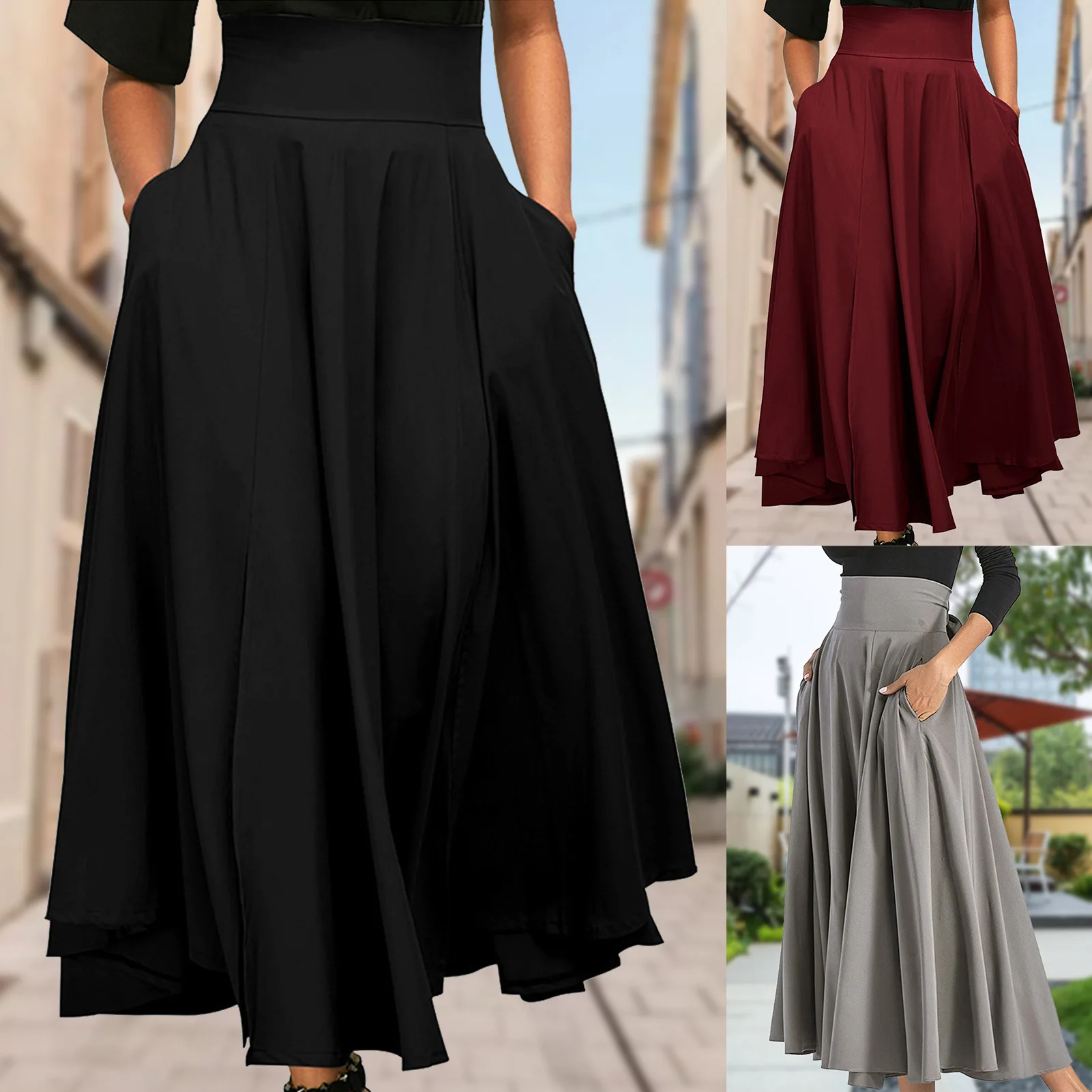 

2023 New Vintage Fashion High Waist Skirts Women Trend Skirts Pocket Solid Black Red Grey Summer Elegant Long Length Midi Skirt