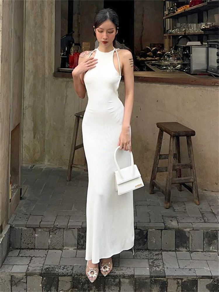 

Habbris Summer Sexy Halter Backless Bodycon Maxi Dresses Club Outfit For Women 2023 Party Long Dress Casual White Women Clothing