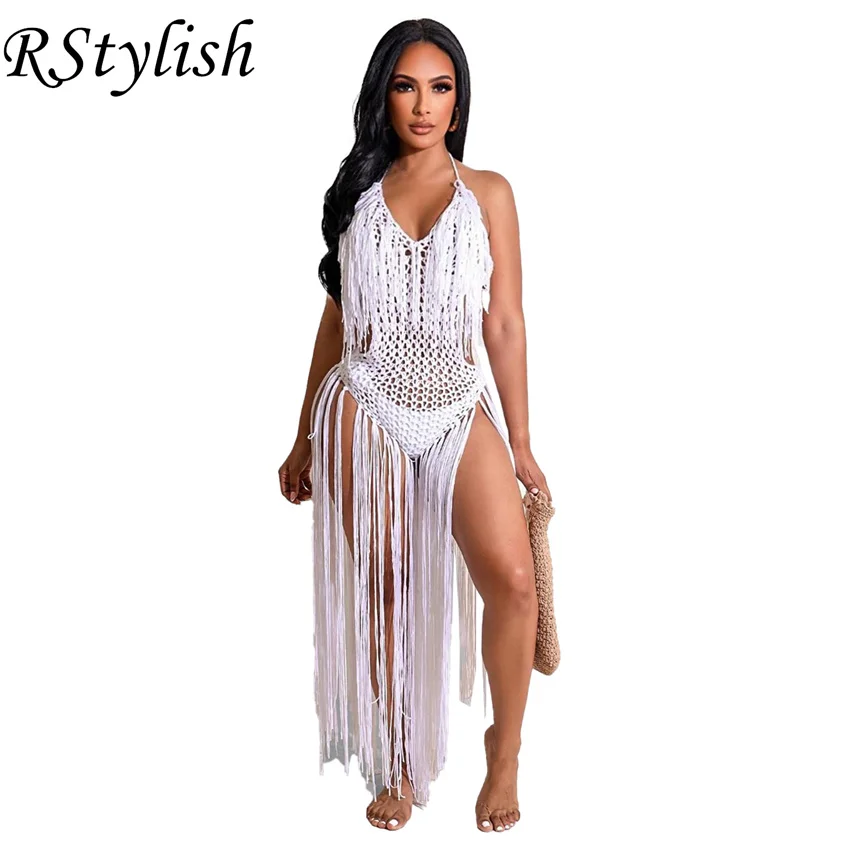 

RStylish Long Tassel Knitted Summer Beach Bodysuits For Women 2022 Sexy Hollow Out Lace Up Halter Backless One Piece Swimsuit