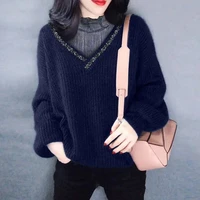 2022 autumn and winter new fashion casual mesh stitching fake two piece round neck long sleeved pullover knitted sweater women