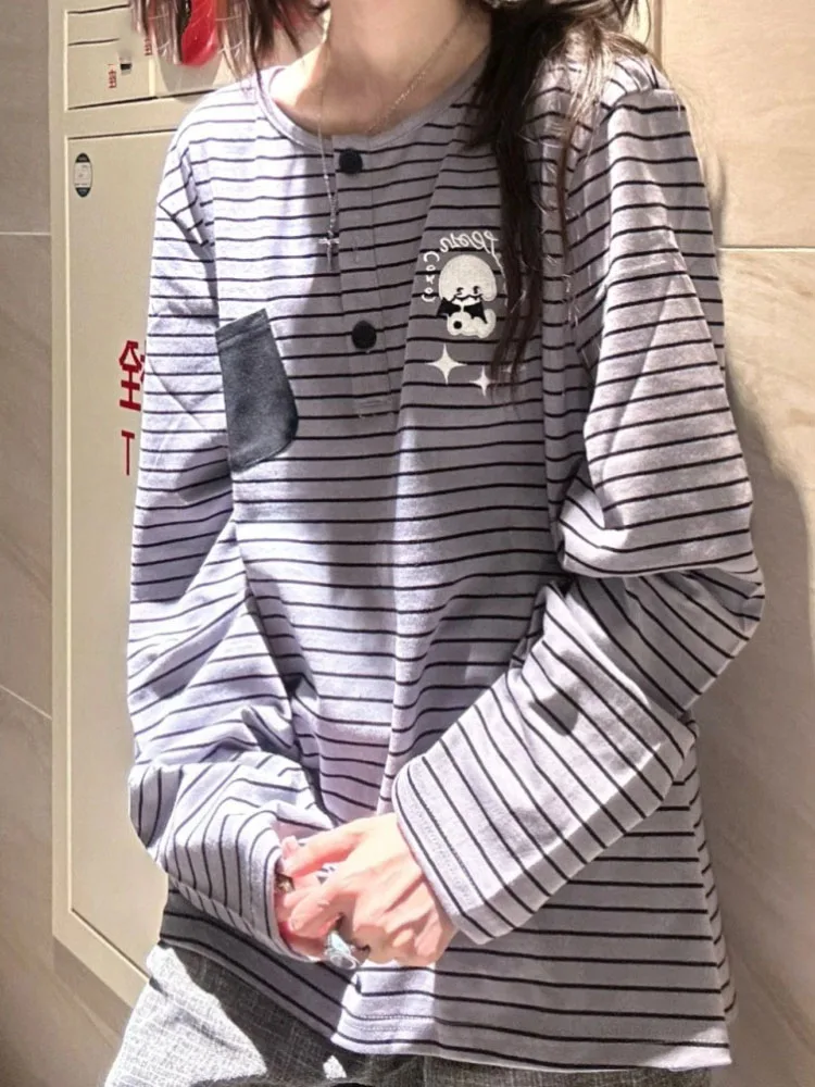 

Harajuku Striped Long Sleeve T-shirt Women Japanese Fashion Y2k Aesthetic Grunge Tees Streetwear All Match Pocket Top Tshirts