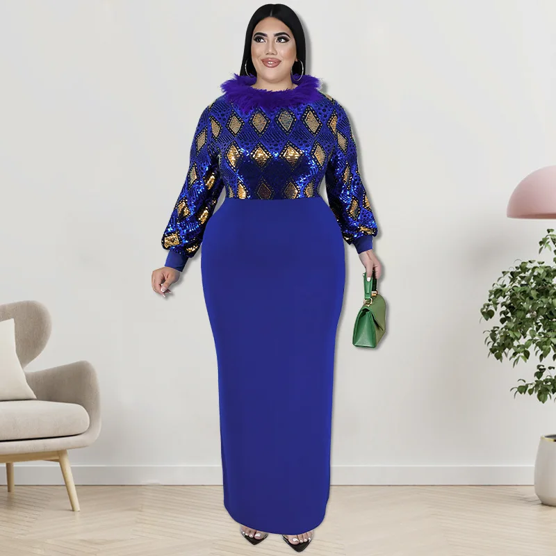 Plus Size Dresses O-Neck Long Sleeve Dresses for Women Elegant Dresses for Women Office Lady Slim Ankle-Length Pattern Splicing