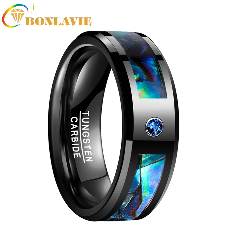 

BONLAVIE 8mm Men's Abalone Shell and Blue Cubic Zirconia Inlay Tungsten Rings Black Wedding Bands Beveled Edge Size 7-12