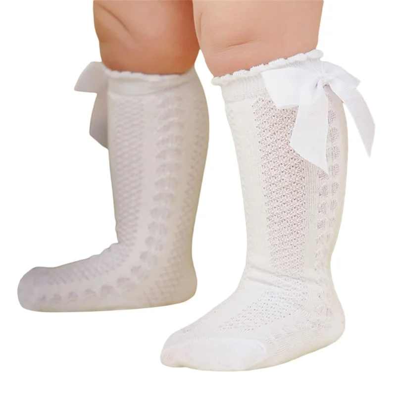 

Длинные носки для маленьких девочек, однотонные милые сетчатые носки принцессы с бантом, повседневные чулки для младенцев на весну и лето