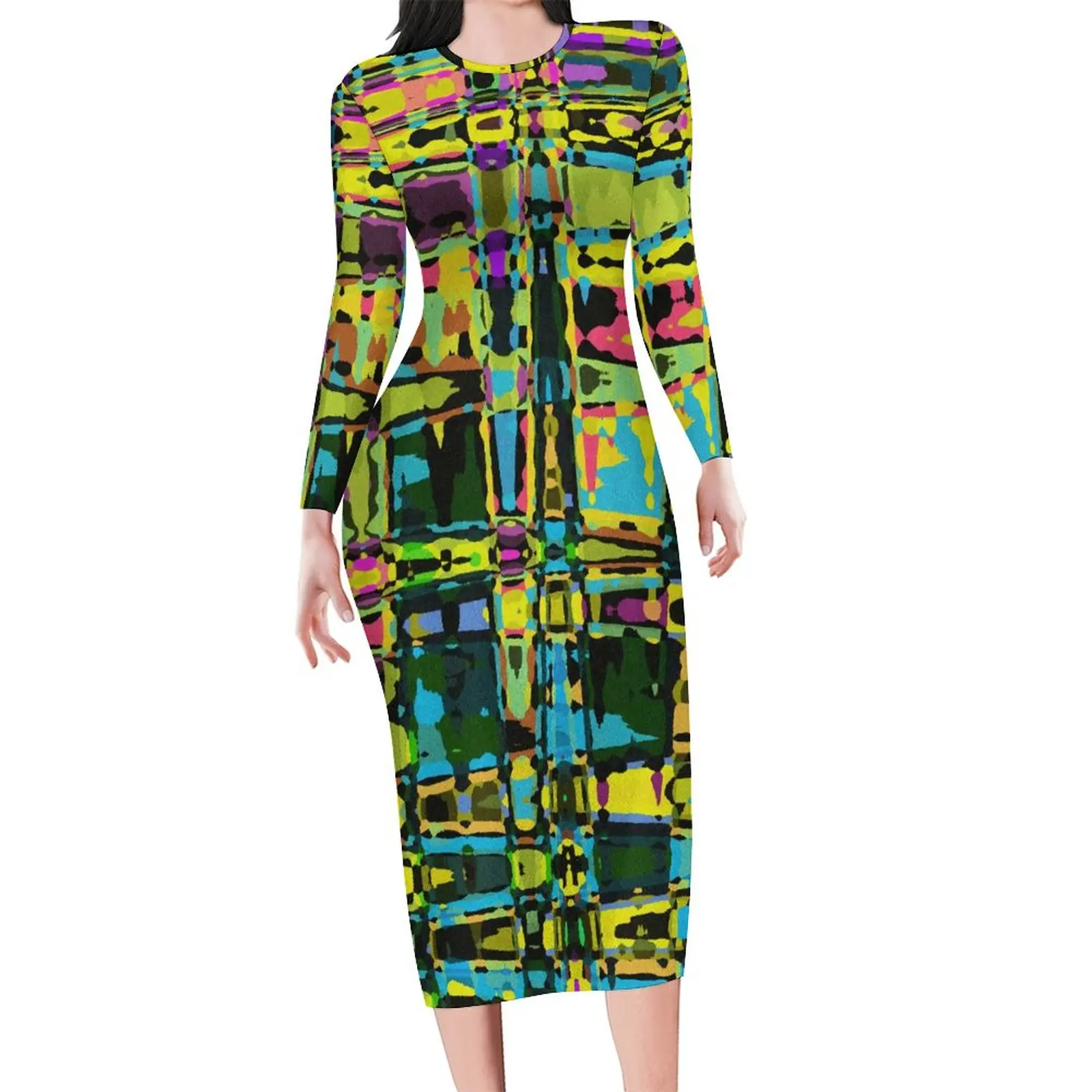 

Abstract Print Bodycon Dress Autumn Colorful Ethnic Elegant Dresses Womens Long Sleeve Graphic Street Wear Dress 3XL 4XL 5XL
