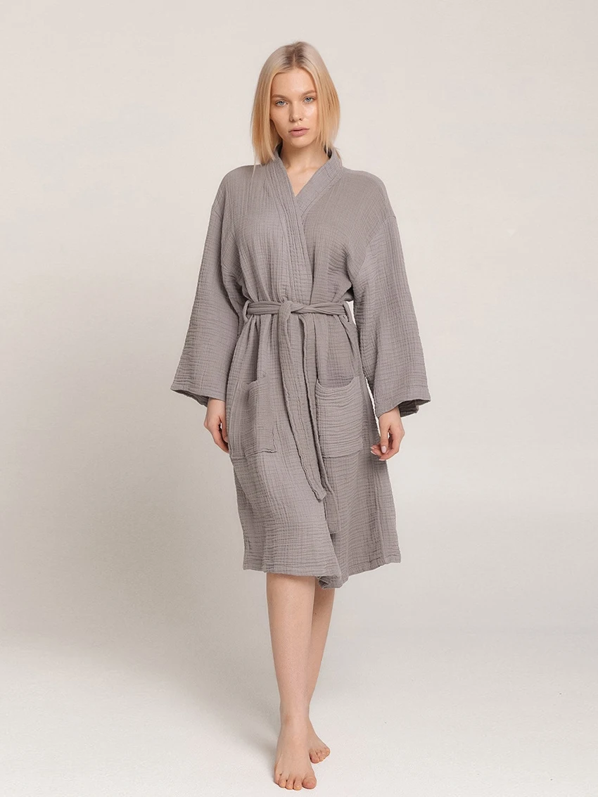 Marthaqiqi Cotton Women'S Pajamas Sexy V-Neck Robe Long Sleeve Nightgowns Double Pockets Lace Up Bathrobe Home Clothes For Women