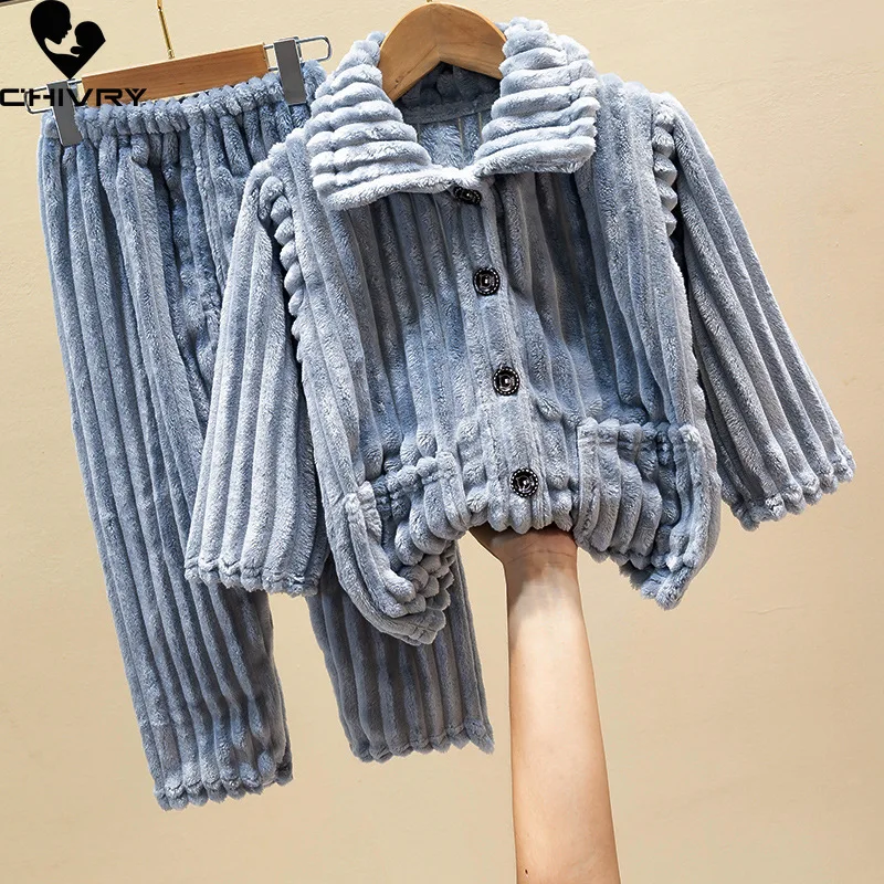 New 2022 Kids Boys Girls Autumn Winter Soft Coral Fleece Warm Pajama Sets Solid Lapel Tops with Pants Sleepwear Pyjamas Clothing images - 6