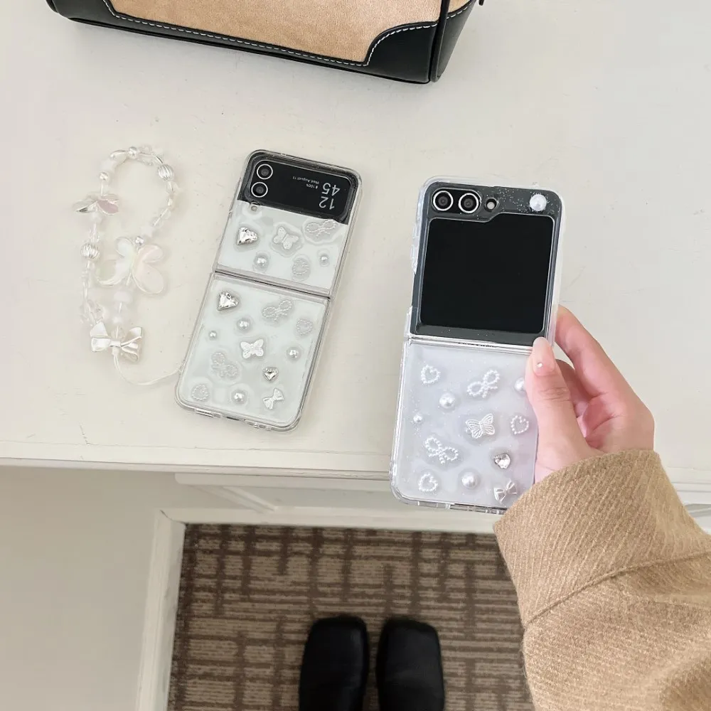 Чехол для Samsung Galaxy Z Flip 5 4 3 блестящий клей с ремешком Прозрачный складной