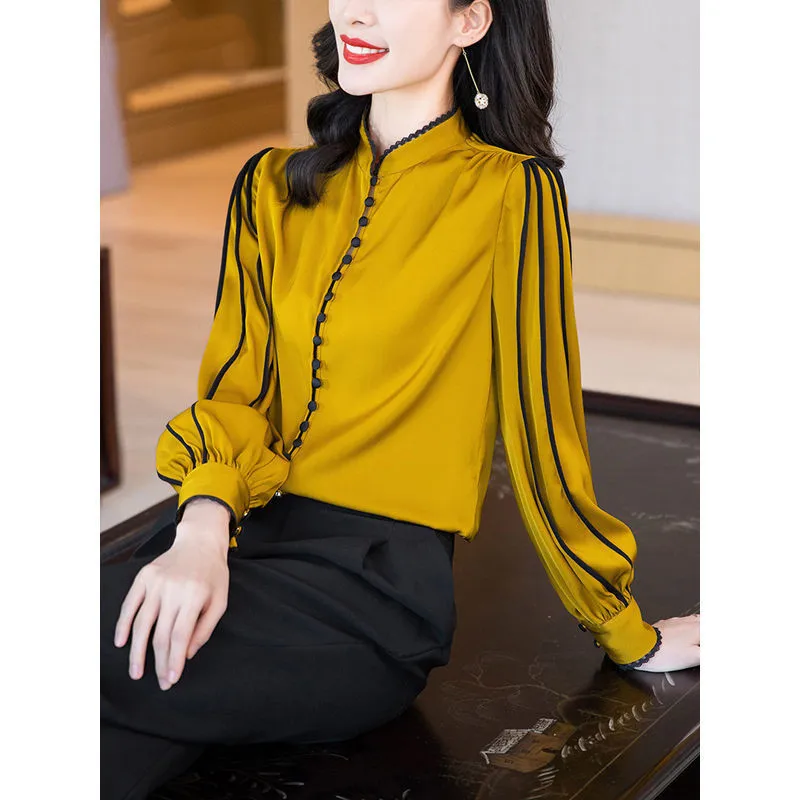 

Solid Satin Button Shirt Autumn 2022 Stand Collar Elegant Fashion Casual Long Sleeve Shirt Loose Pullovers Tops Women's Clothing