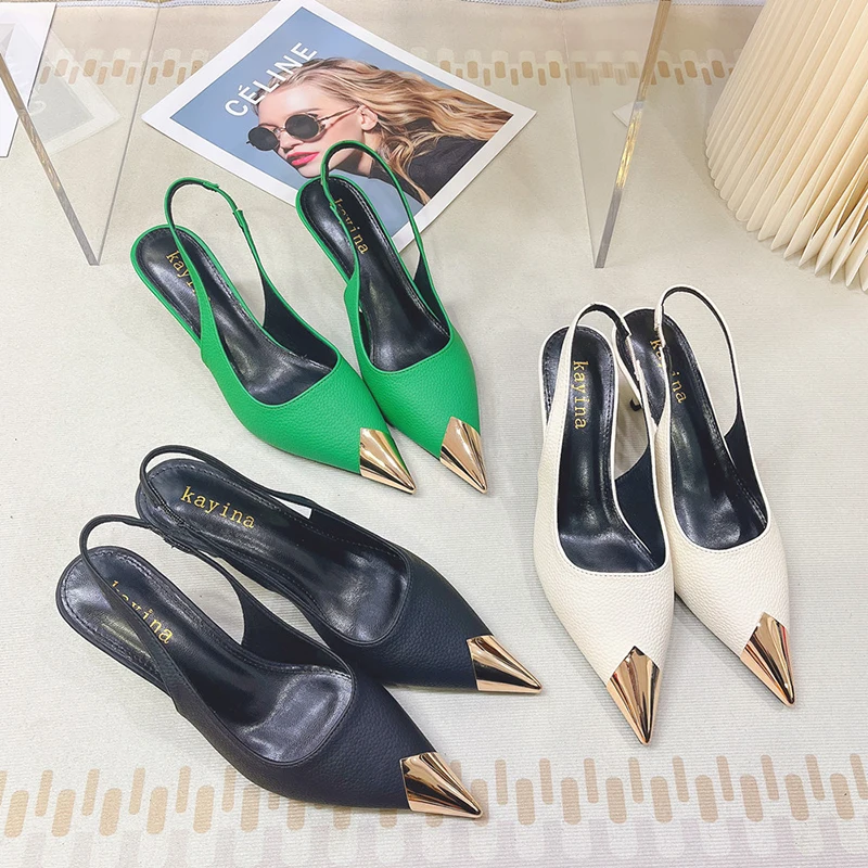 

Туфли-лодочки женские на высоком каблуке, сандалии-гладиаторы, с металлическим украшением, заостренный носок, праздничные, слайды, лето 2022