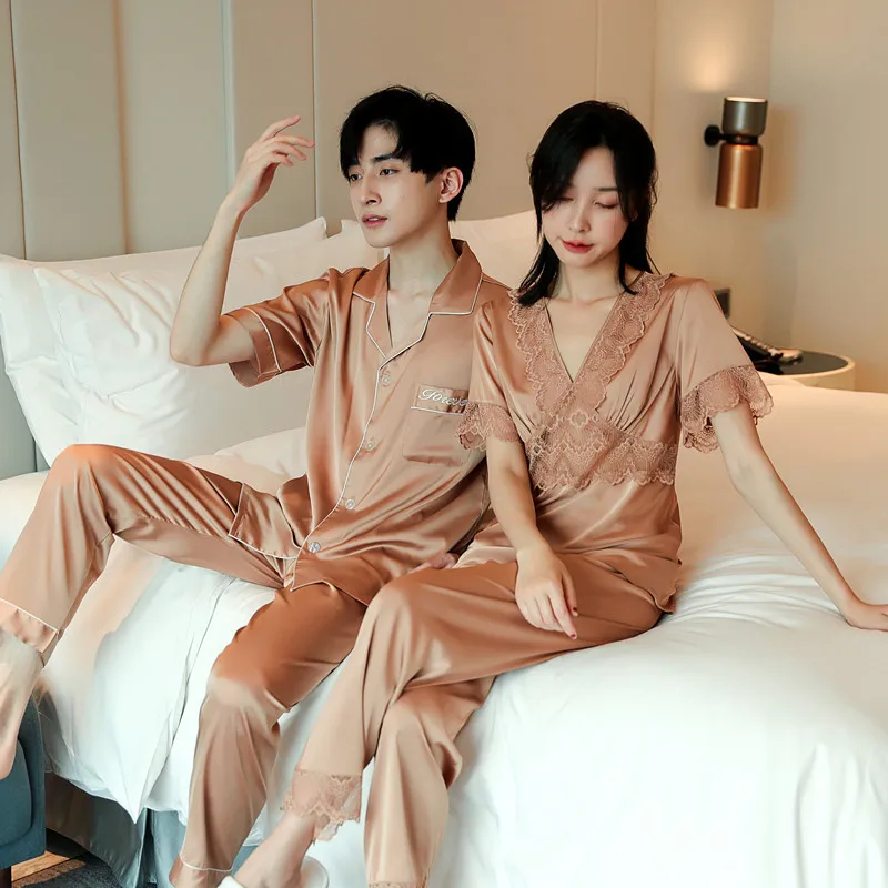 New Short Sleeve Satin Chiffon Silk Couple Pajamas Soft Men's Set Female Lace Sexy Ice Home Fur