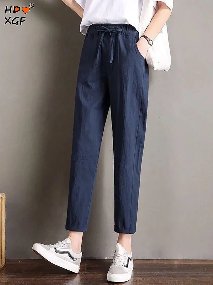 Casual Harajuku Long Ankle Length Trousers Women Spring Summer Large Solid Elastic Waist Linen Pants Korean Fashion Black Pants