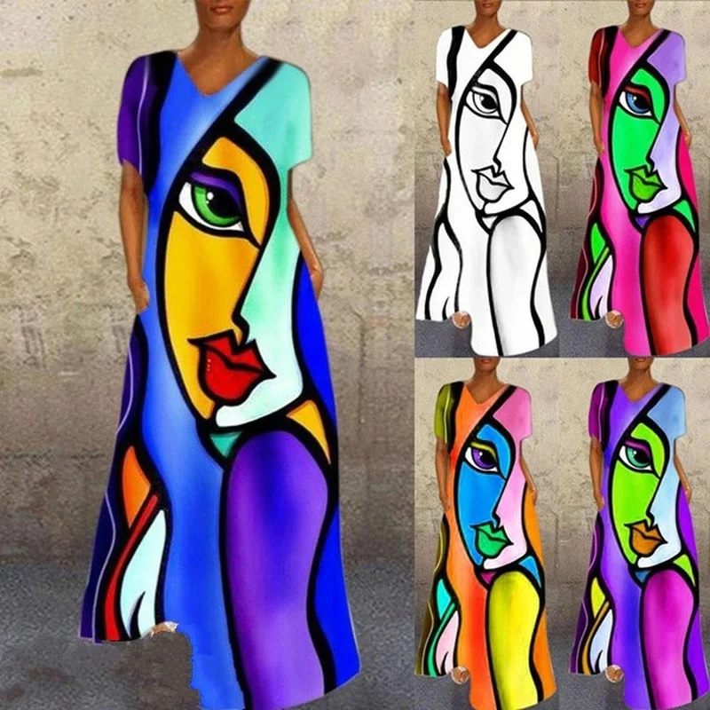 

Abstract Graphic Print Dresses Women Vintage V-Neck Short Sleeve Beach Party Maxi Dresses Female Casual Pocket A-Line Long Dress