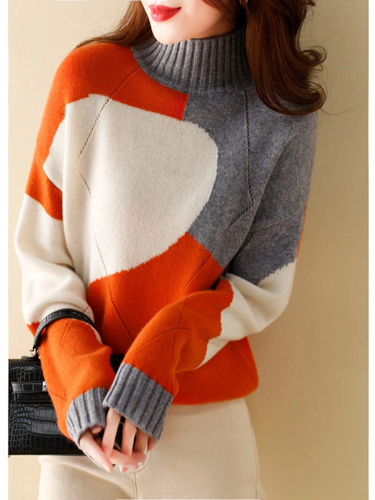 

Women's Winter Blouse 2023 New Casual Long Sleeved Knitwears Korean Fashion Color Block Pullovers LOOSE Screw Thread Turtleneck