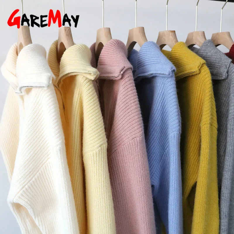 Зимний женский свитер с высоким воротом на молнии мягкий бежевый вязаный Свитер