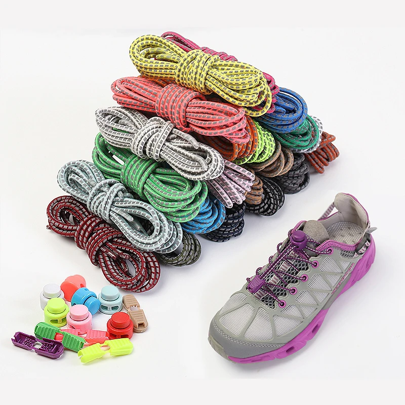 

1 Pair Elastic Shoelaces Reflective Push The Spring Lock No Tie Shoe Laces Used For Sneakers Hiking Shoes Lazy Lace Round
