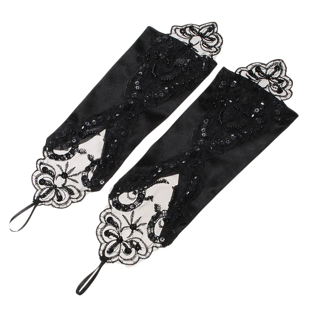 1pair Long Fashion Embroidered Stretch Lace Women Adults Charming Black Bridal Party For Wedding Fingerless Gloves images - 6