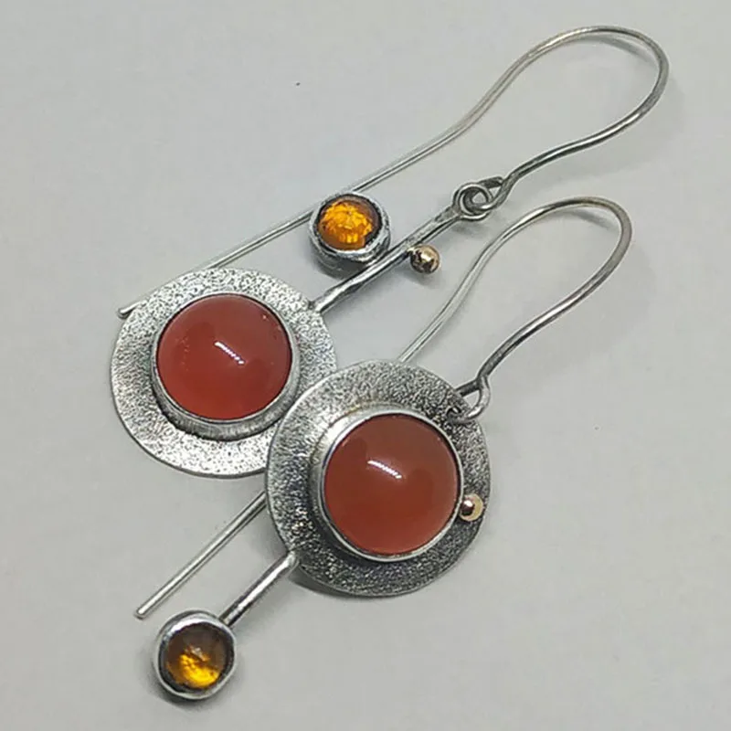 

Vintage Coral Color Stone Long Ear Hooks Simple New Fashion Retro Earrings Cross-border European and American New Styles