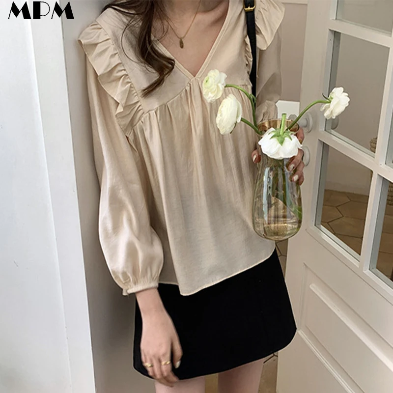Fashion V-Neck Ruffled Women's Shirt Loose Elegant Butterfly Sleeve Ladies Top Casual Long Sleeve Women's Blouse Spring New