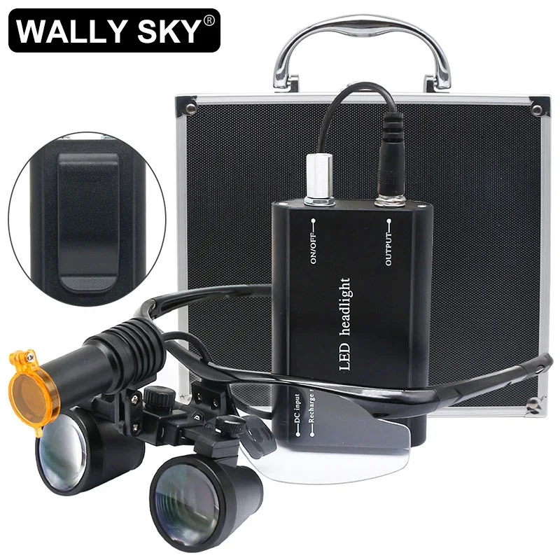 

2.5X/3.5X Binocular Dental Loupes 5W Headlight Yellow Filter with Black Aluminum Suitcase Rechargeable Battery with Back Clip