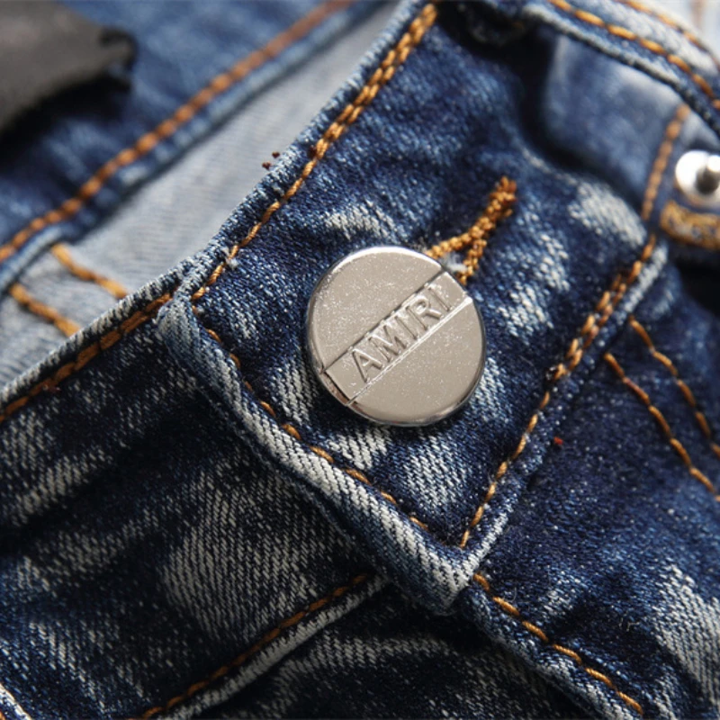 European Jean Letter Star Jean Men Embroidery Patchwork Ripped Jeans For Men Trend Brand Motorcycle Pant Mens Jean Skinny